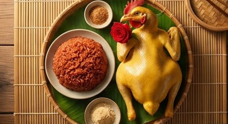 Đĩa xôi gấc đỏ tươi và gà trống luộc ngậm hoa hồng được bày biện cẩn thận trên mâm lễ mặn