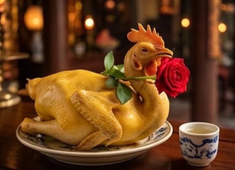 Gà trống luộc vàng ươm ngậm hoa hồng đỏ được đặt trang trọng trên mâm lễ mặn cúng Thánh