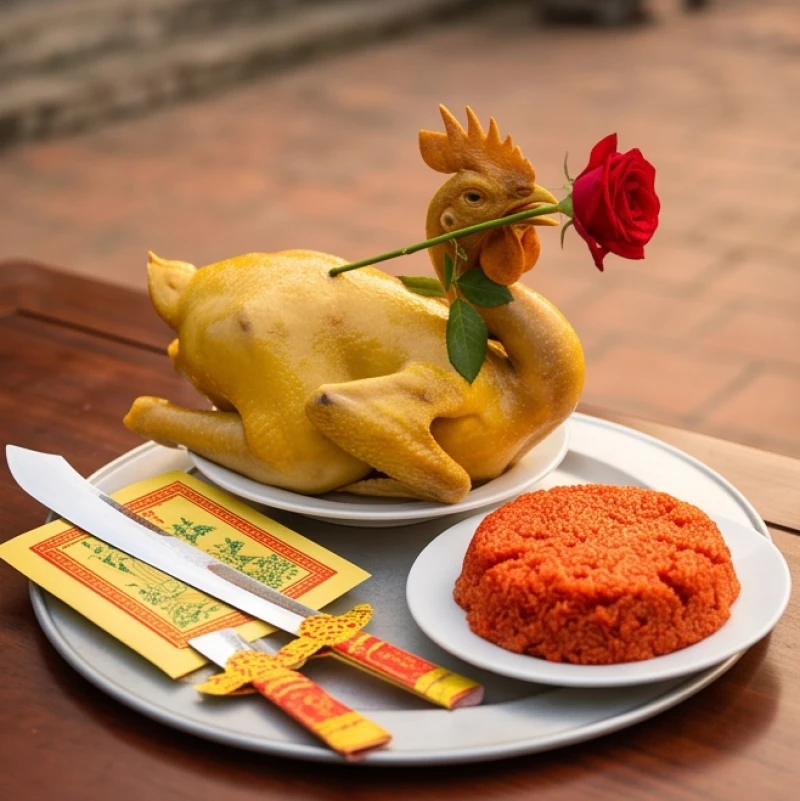 Mâm lễ mặn uy nghiêm dâng Đức Thánh Trần với gà trống luộc ngậm hoa hồng đỏ và kiếm lệnh
