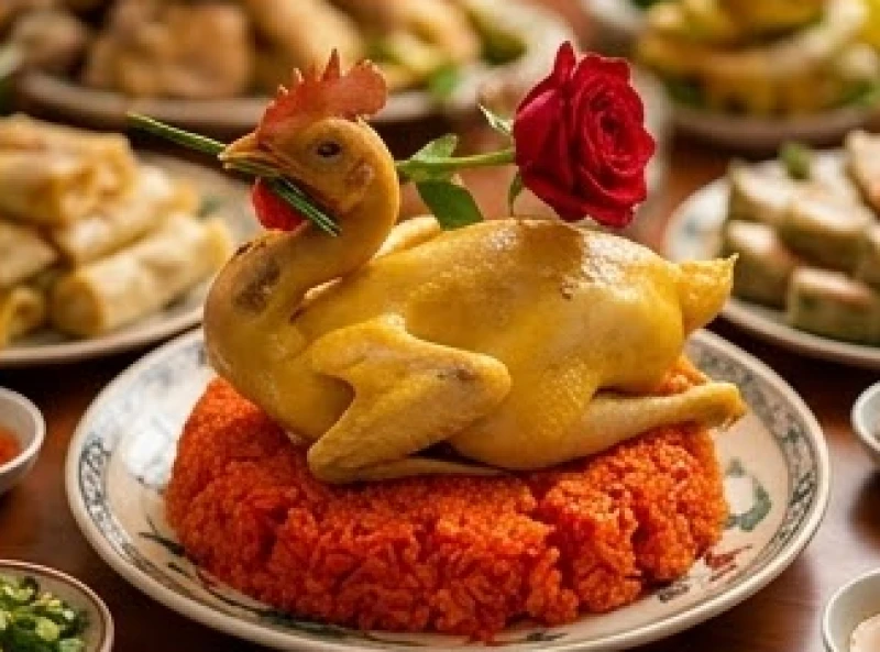 Gà trống luộc nguyên con da vàng ươm ngậm bông hoa hồng đỏ chót được đặt trang trọng trên đĩa xôi gấc cúng Thổ Công