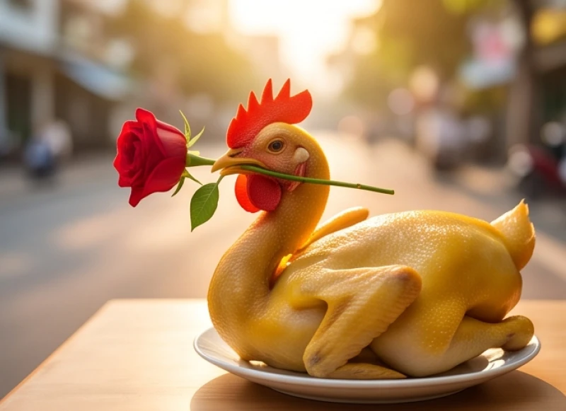 Văn khấn khai trương quán ăn: Bài cúng chuẩn và cách sắm mâm lễ 10 Đầu gà luộc cúng khai trương ngậm một bông hoa hồng đỏ và được hướng thẳng ra ngoài đường