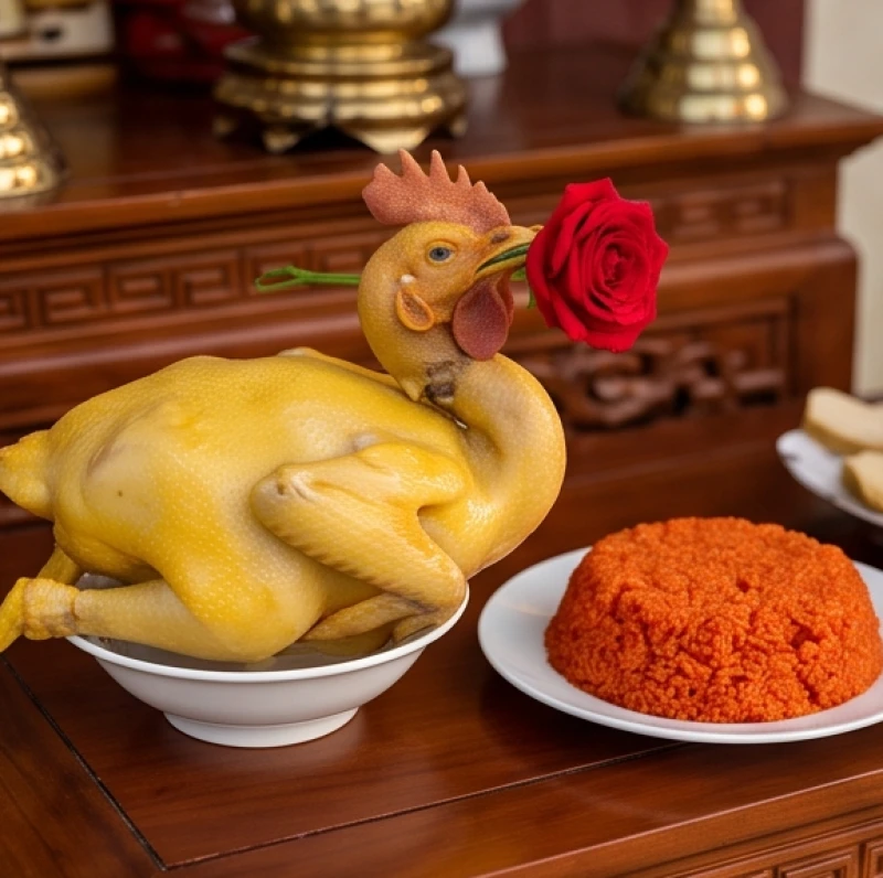 Văn khấn cúng chiến sĩ trận vong: Bài cúng tri ân và nghi lễ chuẩn 5 Đĩa xôi gấc đỏ tươi đặt cạnh con gà trống tơ luộc ngậm hoa hồng trang trọng trên mâm lễ
