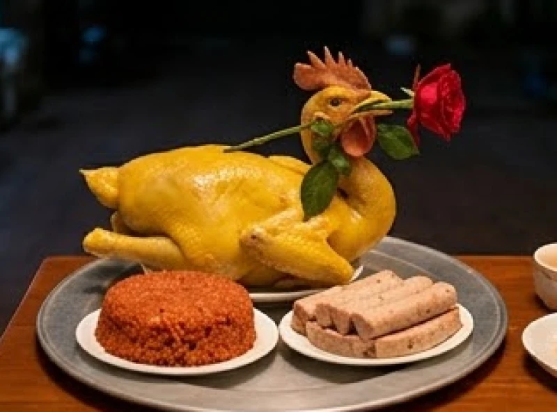 Văn khấn giao thừa ngoài trời: Bài cúng chuẩn và cách đặt mâm 4 Con gà trống tơ luộc chín vàng óng ngậm hoa hồng đỏ được đặt trang trọng giữa mâm lễ mặn