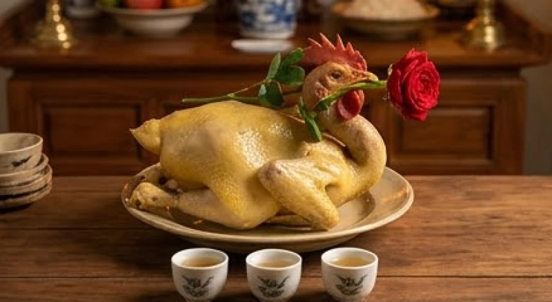Gà luộc nguyên con ngậm hoa hồng đỏ dâng lên mâm cúng mặn tạ ơn