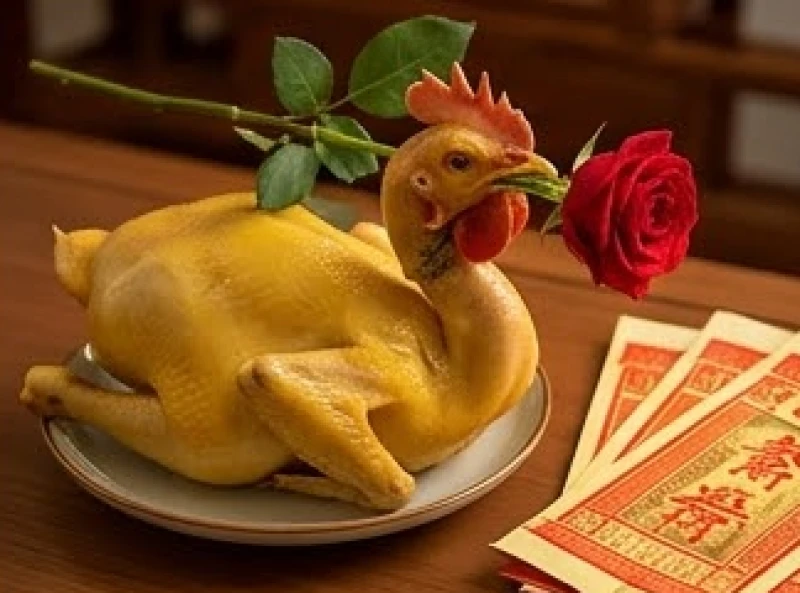 Gà trống tơ luộc chín vàng ươm ngậm hoa hồng đặt cạnh bộ quần áo mũ ngựa vàng mã màu đỏ dâng Thổ Công