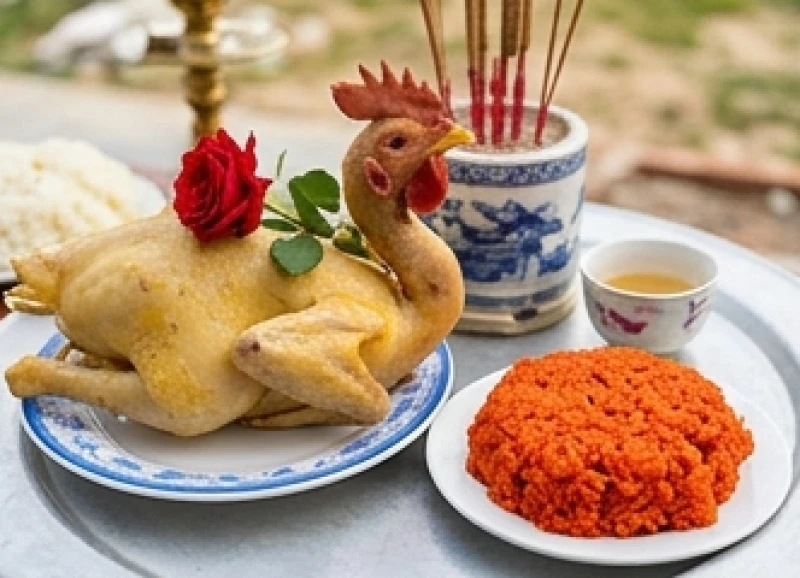Văn khấn động thổ khi mượn tuổi: Bài cúng và thủ tục chuộc nhà 4 Đĩa gà luộc ngậm hoa hồng đỏ đặt bên cạnh đĩa xôi gấc đẹp mắt trên mâm cúng