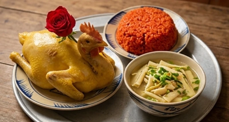 Mâm cỗ mặn cúng gia tiên ngày 23 tháng Chạp với gà trống luộc ngậm hoa hồng, xôi gấc và canh măng
