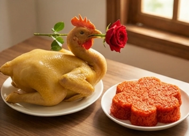 Đĩa gà luộc ngậm hoa hồng và khuôn xôi gấc đỏ tươi rực rỡ dâng lên chư vị thần linh