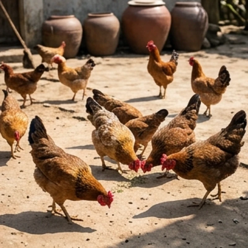 Đàn gà thong dong kiếm ăn dưới ánh nắng chói chang giữa trưa trong khoảng sân đất nung