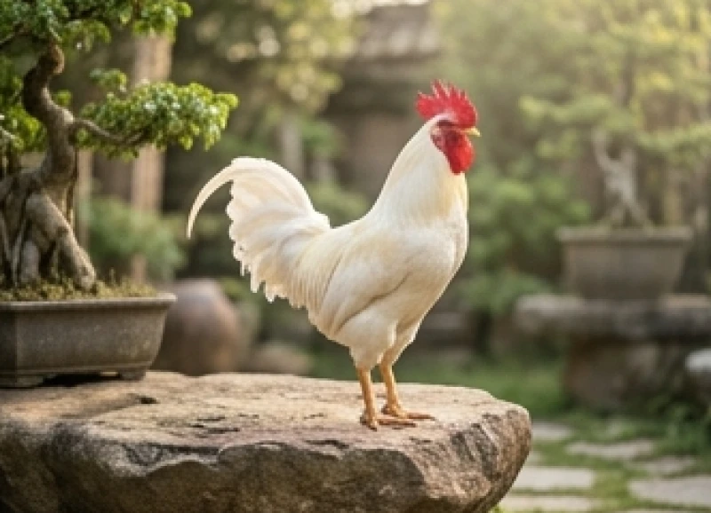 Gà trống lông màu trắng rực rỡ đứng oai vệ trên phiến đá trong khu vườn truyền thống