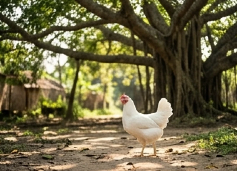 Chú gà màu trắng thuần khiết đang thong thả đi dạo dưới bóng râm của cây cổ thụ