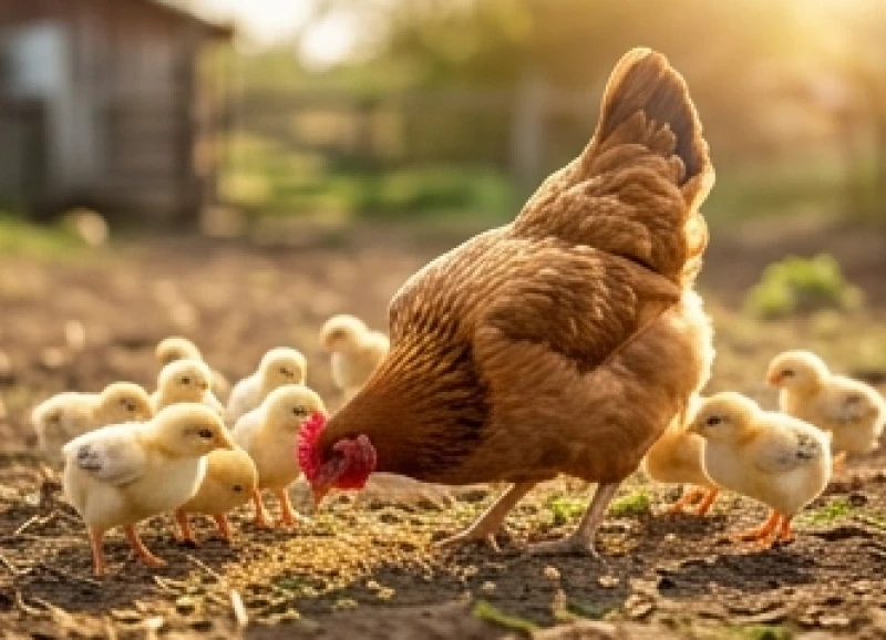 Gà mái mẹ cần mẫn xới đất tìm giun và cẩn thận gọi bầy gà con đông đúc đến chia sẻ bữa ăn ngon lành