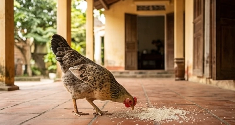 Con gà lạ thong thả cúi nhặt từng hạt thóc trên nền nhà và dần tiến bước ra khu vực hiên đầy nắng