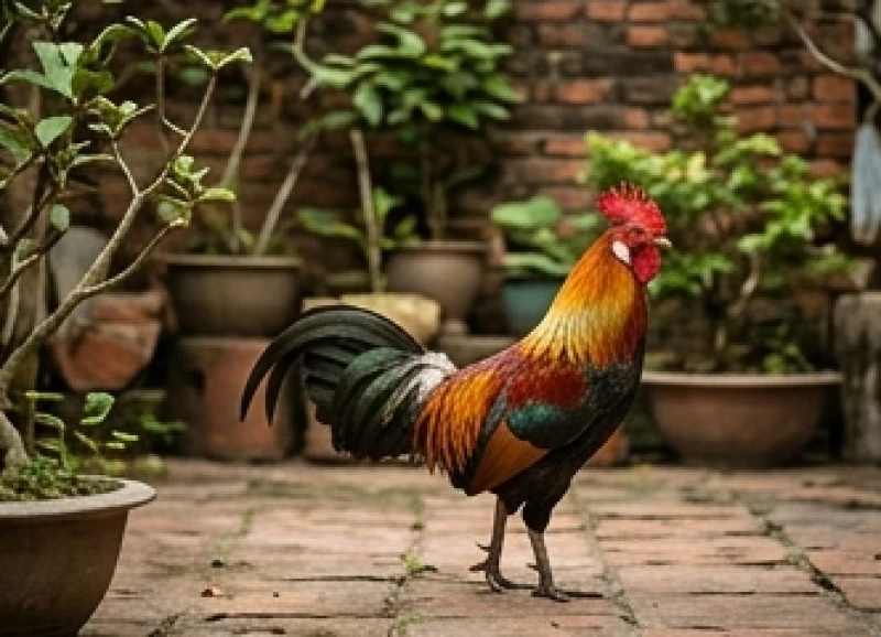 Con gà rừng với vóc dáng thon gọn và bộ lông sặc sỡ đầy vẻ cảnh giác khi vô tình lạc vào khuôn viên nhà ở