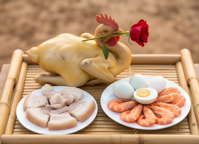 Gà trống luộc nguyên con ngậm hoa hồng đỏ và bộ tam sên dâng lên thần linh