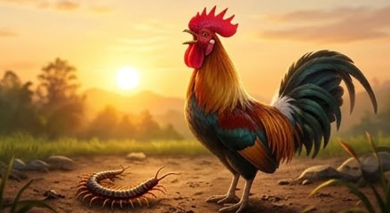 Gà trống với chiếc mào đỏ rực vươn cổ gáy gọi bình minh và giận dữ bới đất tìm mổ loài rết