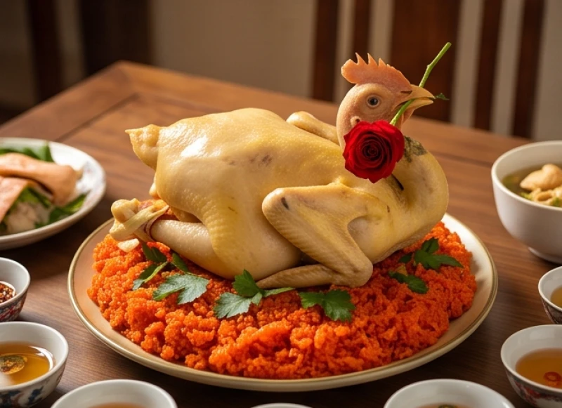 Văn khấn Thành Hoàng làng: Bài cúng chuẩn tại đình và bái vọng 5 Con gà trống tơ luộc chín tới ngậm hoa hồng đỏ được chéo cánh tiên xếp cân đối trên đĩa xôi