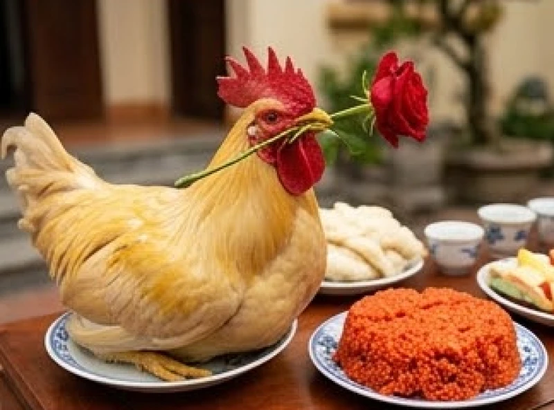 Cận cảnh con gà trống luộc nguyên con chéo cánh ngậm hoa hồng đỏ đặt cạnh đĩa xôi gấc trên mâm lễ