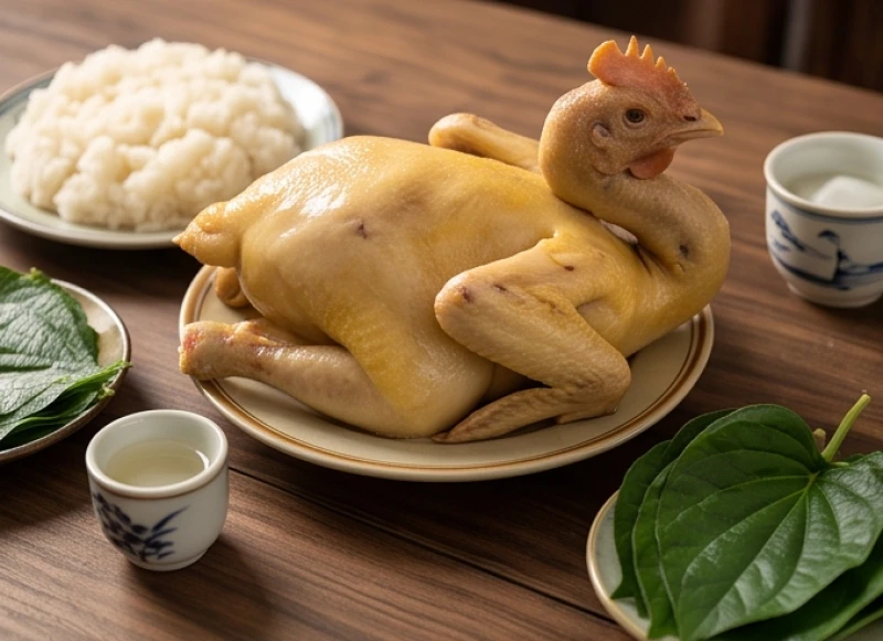 Gà trống luộc nguyên con tạo dáng chéo cánh tiên đặt trên mâm xôi trắng