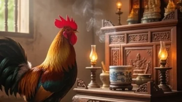 Con gà trống mào đỏ đứng trên mép bàn thờ gỗ truyền thống làm dấy lên thắc mắc gà trống nhảy lên bàn thờ là điềm gì