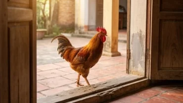 Một con gà khỏe mạnh bước qua ngưỡng cửa chính của ngôi nhà ngập tràn ánh nắng giải đáp gà vào nhà là điềm gì