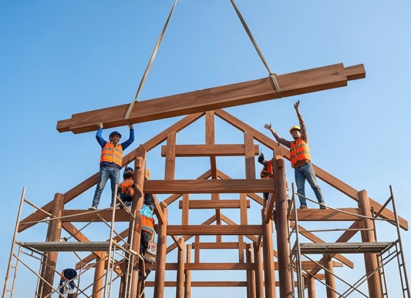 Thợ mộc đang cẩn thận gác thanh xà ngang đòn dông lên đỉnh mái nhà gỗ truyền thống