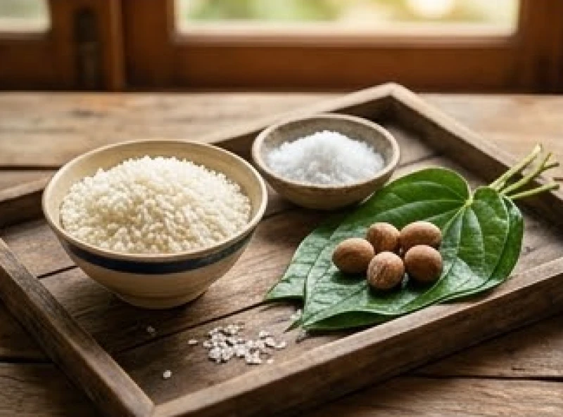 Đĩa gạo trắng, muối hạt tinh khiết cùng trầu cau tươi được đặt trang trọng trên bàn thờ ngày rằm tháng Chạp