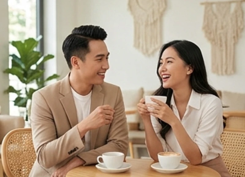 Nam nữ thanh niên tươi cười trò chuyện vui vẻ tại một quán cà phê ngập tràn ánh sáng