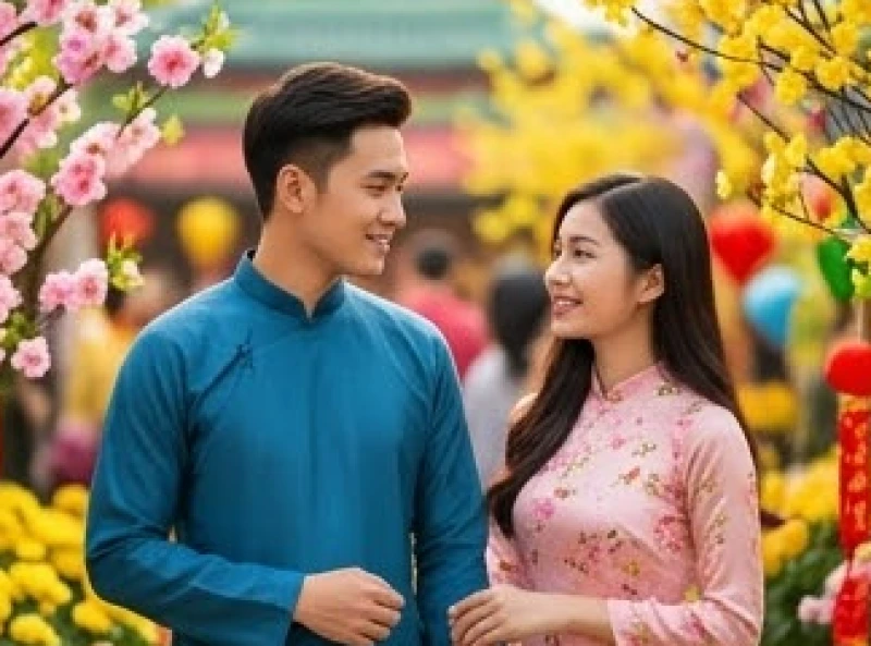 Chàng trai và cô gái vô tình bắt chuyện và mỉm cười ngại ngùng trong một lễ hội xuân rực rỡ