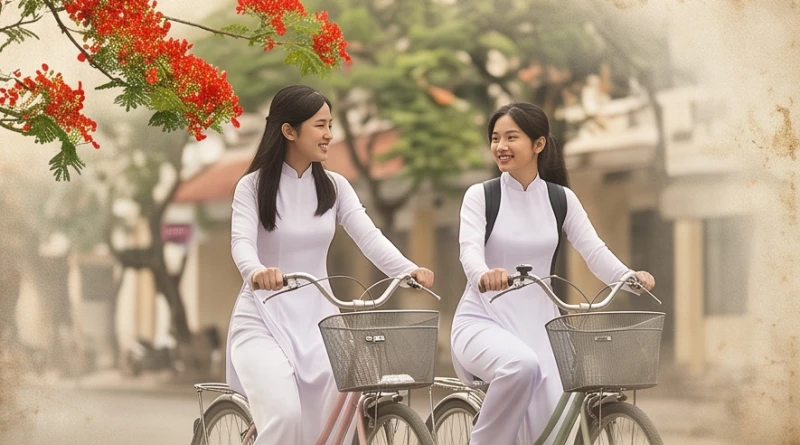 Hai nữ sinh mặc áo dài trắng tươi cười đạp xe dưới tán phượng vĩ trong ký ức thời thanh xuân