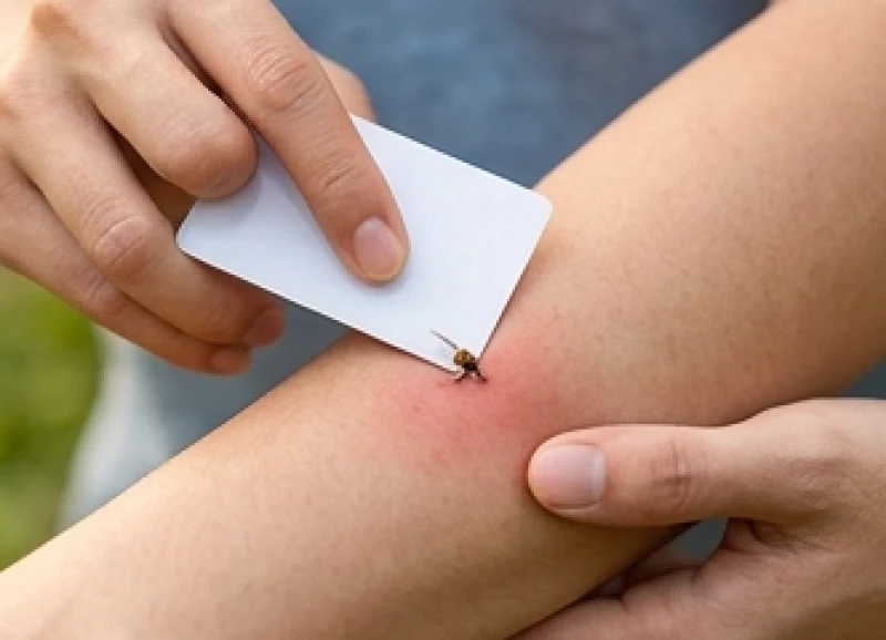 Dùng góc của chiếc thẻ nhựa cứng gạt nhẹ vòi chích của ong ra khỏi bề mặt da đang sưng đỏ