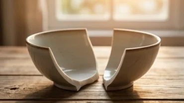 Chiếc bát gốm sứ bị vỡ đôi trên mặt bàn gỗ mang ý nghĩa tâm linh giải đáp gãy đồ vật là điềm gì