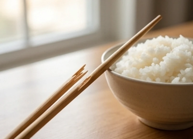 Chiếc đũa tre bị gãy ngang nằm cạnh bát cơm trắng trên bàn ăn gia đình lúc đang dùng bữa
