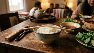 Hình ảnh một chiếc đũa tre bị gãy ngang trên mâm cơm gia đình giúp giải đáp thắc mắc gãy đũa là điềm gì
