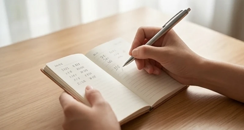 Bàn tay cầm chiếc bút đang ghi chép các con số vào một cuốn sổ tay nhỏ mở trên bàn