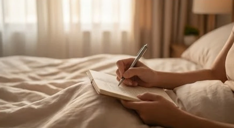 Mơ thấy nói tiếng Anh: Điềm báo tâm lý và cơ chế não bộ 5 Bàn tay đang cẩn thận cầm bút viết lại những dòng suy nghĩ vào cuốn sổ tay nhỏ đặt trên giường ngủ