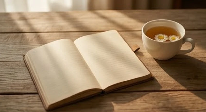 Mơ thấy máu kinh nguyệt của người khác: Điềm báo & con số 1 Cuốn sổ tay ghi chép điềm báo giấc mơ đặt cạnh ly trà hoa cúc ấm trên chiếc bàn gỗ mộc mạc