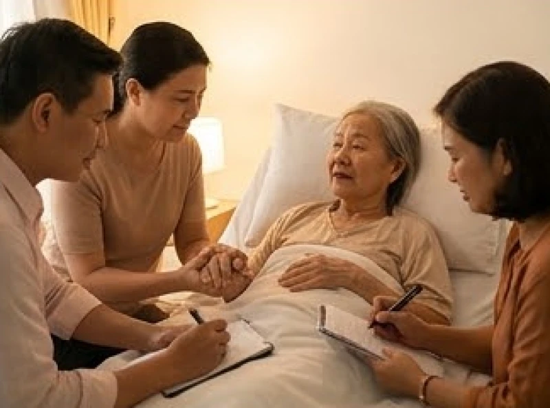 Con cháu quây quần lắng nghe và ghi chép cẩn thận những lời dặn dò cuối cùng của người bệnh