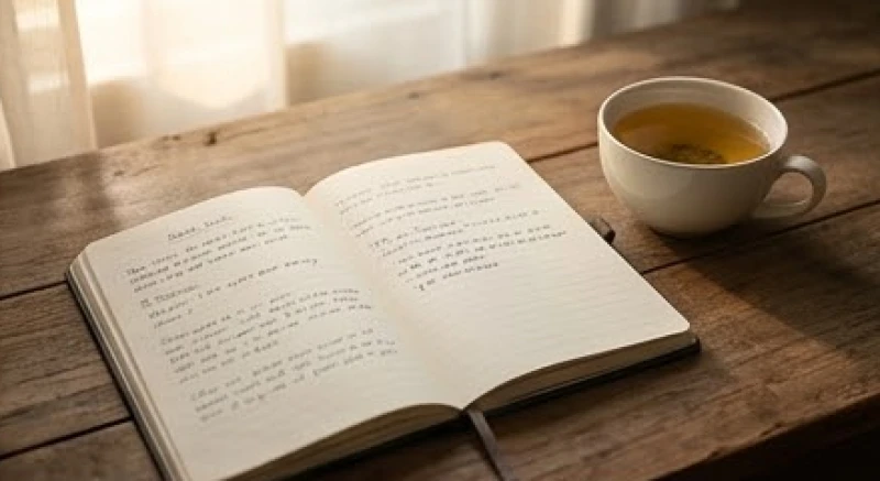 Cuốn sổ nhật ký mở ra trên bàn bên cạnh tách trà ấm cùng những dòng ghi chép cảm xúc chân thật