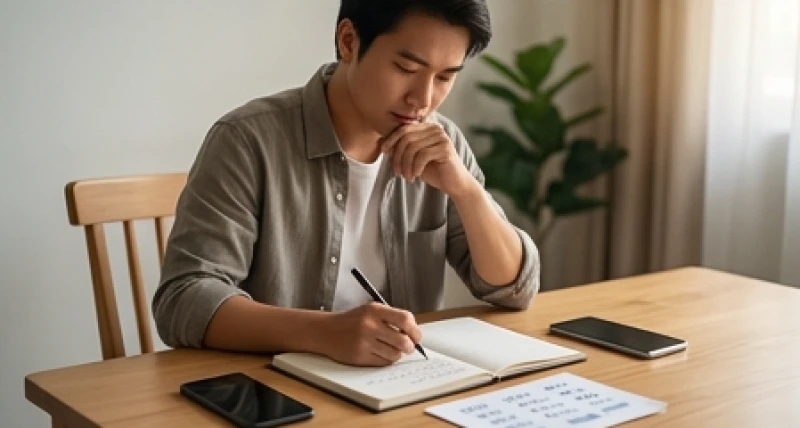 Người phụ nữ tập trung ghi chép các khoản chi tiêu hàng tháng vào sổ tay trên bàn ăn gia đình