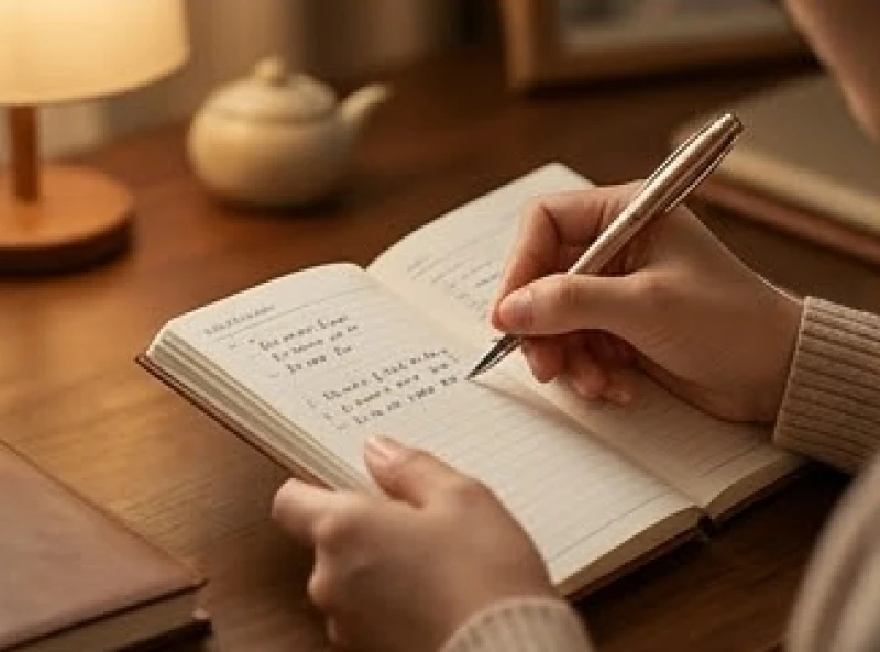 Một người đang cẩn thận viết những kế hoạch thu chi vào cuốn sổ kế hoạch dưới ánh đèn vàng êm dịu