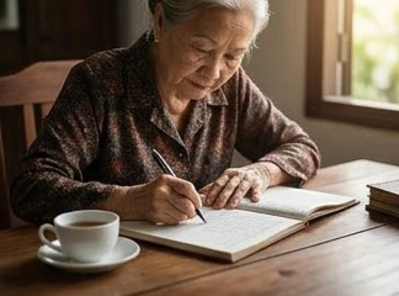Tử vi tuổi Bính Ngọ 1966 năm 2027: Đối chiếu nam nữ và giải hạn 2 Một người phụ nữ lớn tuổi đang cẩn thận ghi chép các khoản chi tiêu vào cuốn sổ tay tài chính