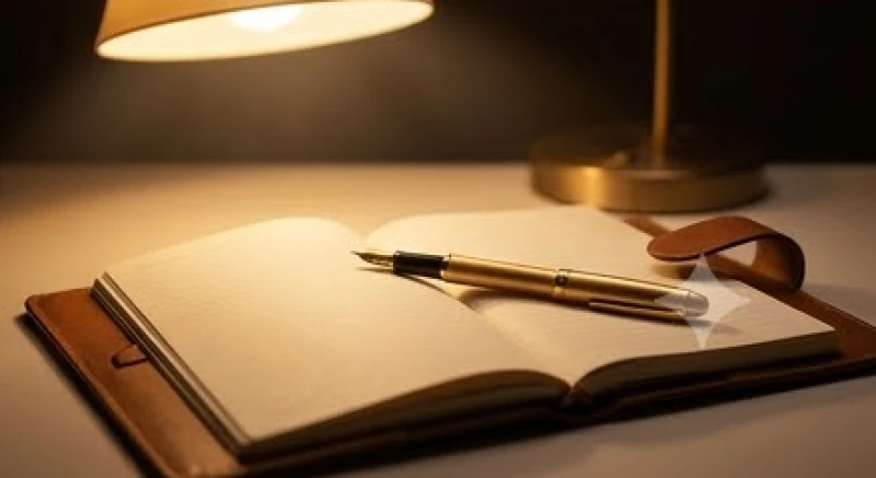 Cuốn sổ tay mở ra trên mặt bàn với cây bút máy mạ vàng lấp lánh dưới ánh đèn đọc sách
