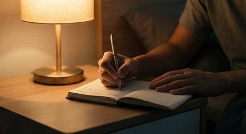 Bàn tay đang cẩn thận viết những dòng cảm xúc vào cuốn sổ tay nhỏ dưới ánh đèn vàng