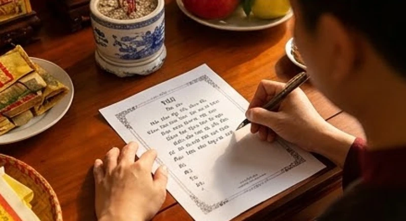 Tinh chỉnh niên hiệu năm Bính Ngọ bằng bút mực trên bản giấy in bài cúng để đảm bảo đọc lưu loát, chính xác