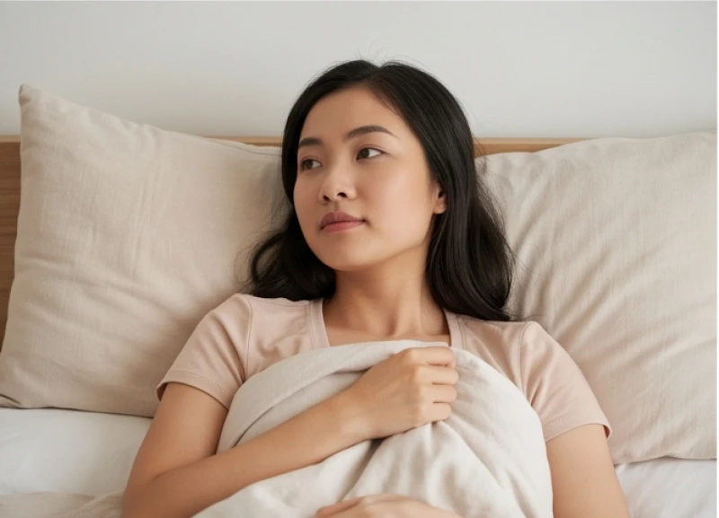 Tại sao con người nằm mơ: Cơ chế sinh học và mẹo ngủ sâu giấc 4 Người phụ nữ vừa mở mắt bừng tỉnh trên giường và lộ rõ vẻ đăm chiêu khi nhớ lại các tình tiết mộng mị