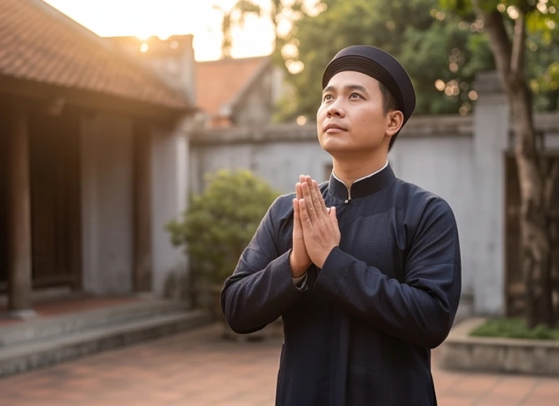 Văn khấn tạ lễ Tam Tai cuối năm: Mâm cúng, ngày giờ và bài khấn 2 Người đàn ông mặc áo dài truyền thống đứng chắp tay thành kính tạ ơn các vị thần linh trước mâm lễ ngoài sân