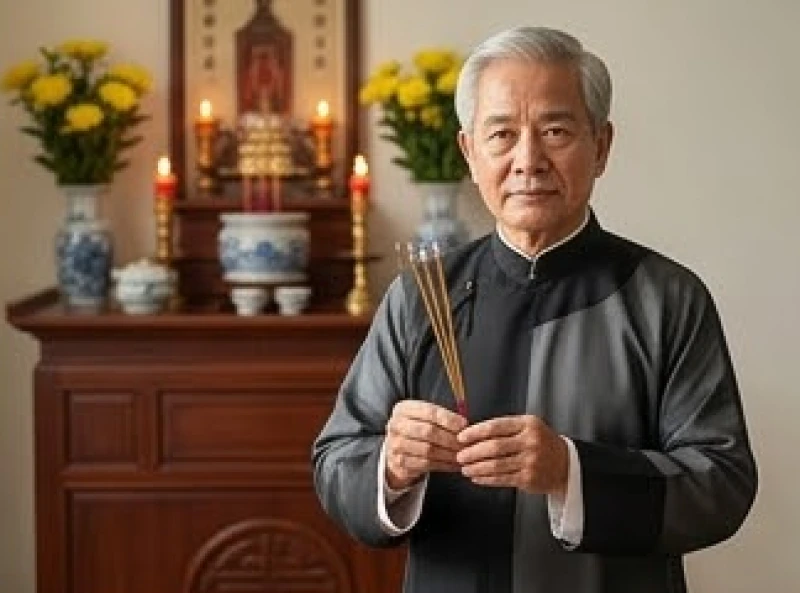 Văn khấn tất niên gia tiên: Bản Nôm chuẩn và trình tự nghi lễ 2 Người lớn tuổi trong gia đình mặc trang phục chỉnh tề thắp hương trên bàn thờ gia tiên
