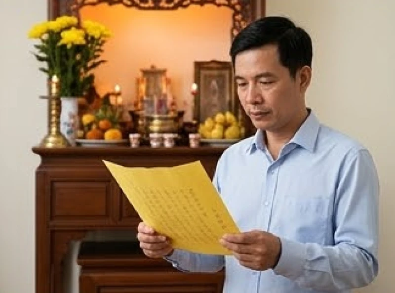 Nam gia chủ trong trang phục chỉnh tề đứng chắp tay trang nghiêm đọc bài văn khấn tạ đất cuối năm
