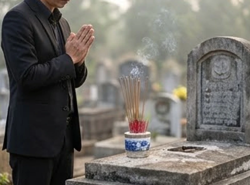 Văn khấn tạ mộ: Trình tự hành lễ và bài cúng đúng nghi thức 8 Gia chủ mặc trang phục tối màu chắp tay ngang ngực thành tâm đọc bài văn khấn tạ mộ